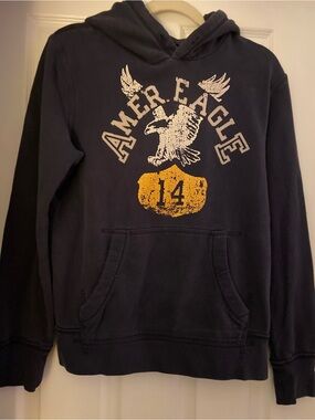 American Eagle Outfitters Navy Hoodie with Yellow Shield Graphic